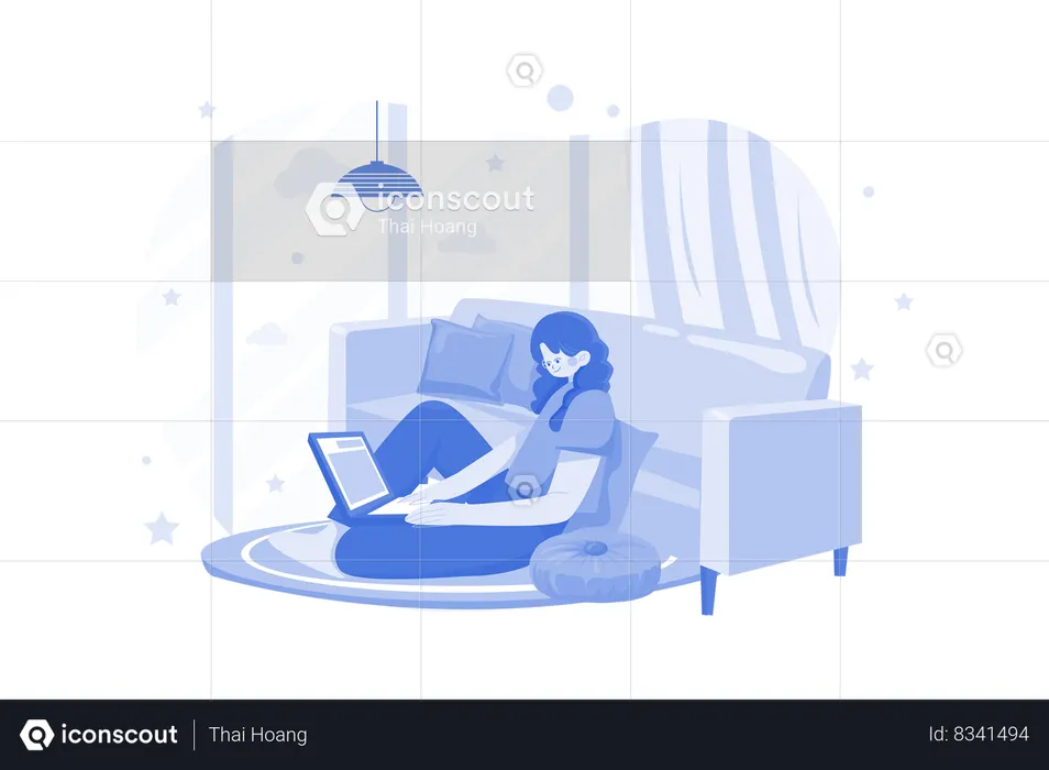 Female working on project while seating on the floor  Illustration