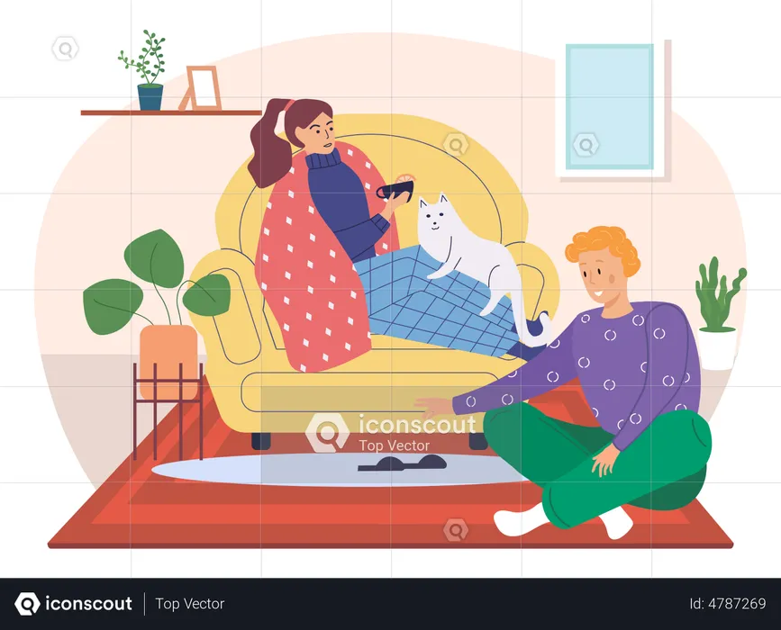 Female wrapped in blanket drinks tea and shocking man putting woman slipper  Illustration