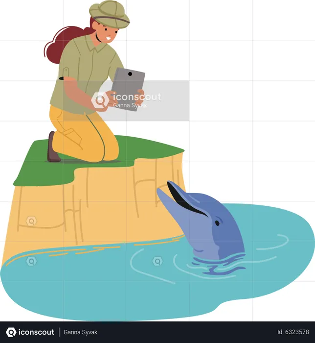 Female zoologist capture photograph of dolphin  Illustration