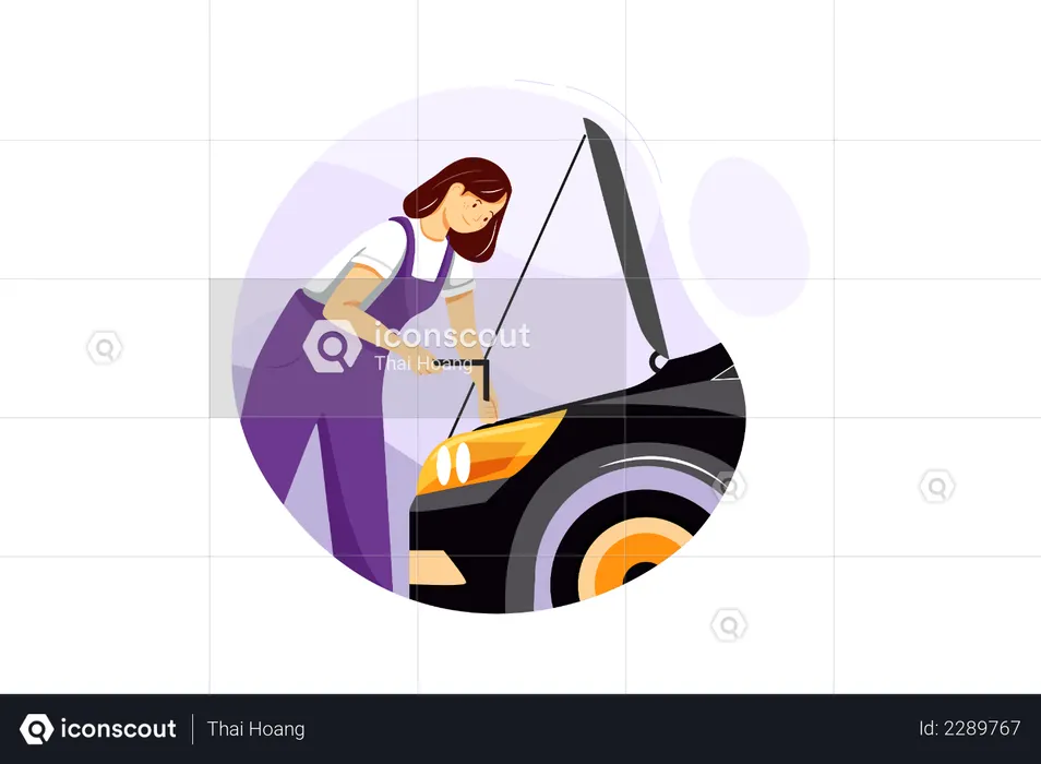 Mecânico feminino reparando motor de carro  Ilustração