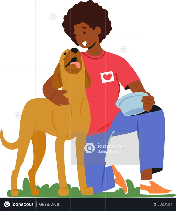 Voluntária feminina alimentando cachorro em abrigo de animais  Ilustração