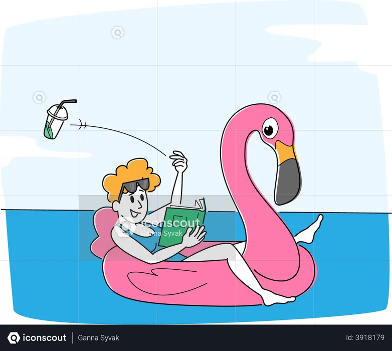 Une femme flottant sur un matelas gonflable dans la mer ou l'océan jette des déchets dans l'eau  Illustration