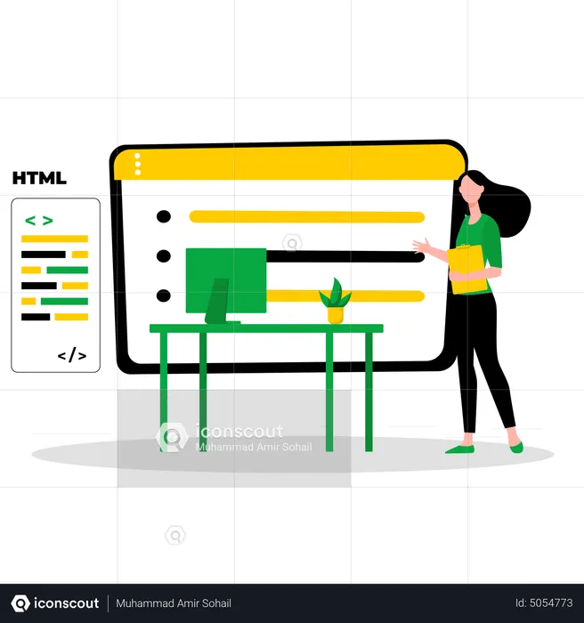 Desenvolvedor HTML feminino trabalhando com código  Ilustração