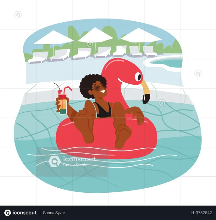 Mulher relaxa na piscina e bebe coquetel  Ilustração