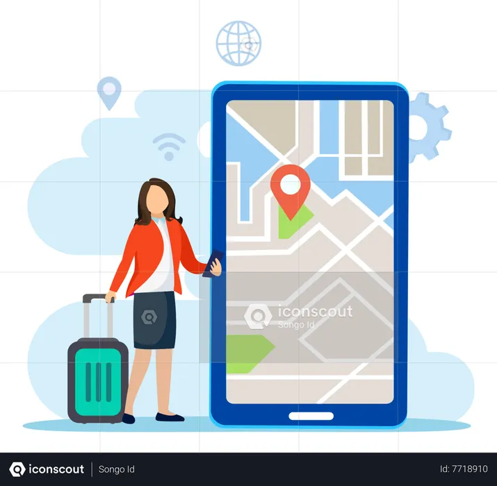 Turista feminina encontrando localização no aplicativo móvel  Ilustração