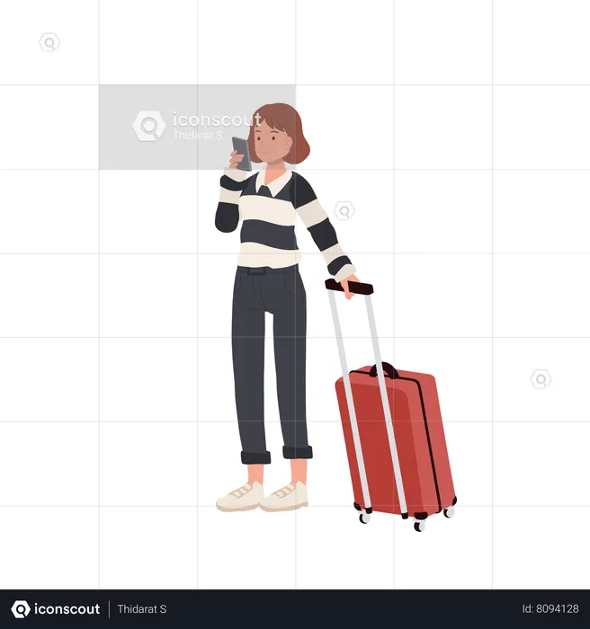 Femlae Tourist with luggage using mobile phone in airport  Illustration