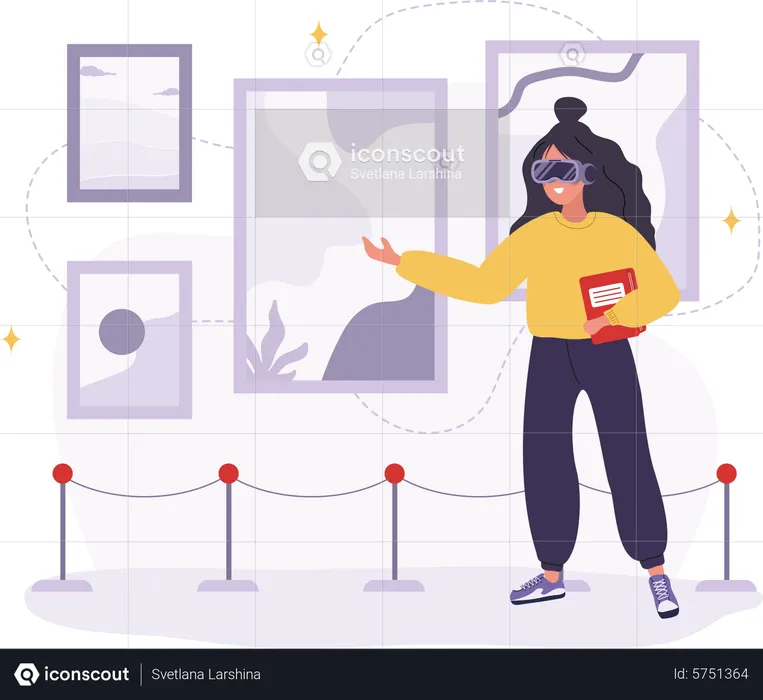 Femme portant des lunettes VR dans une galerie d'art NFT  Illustration