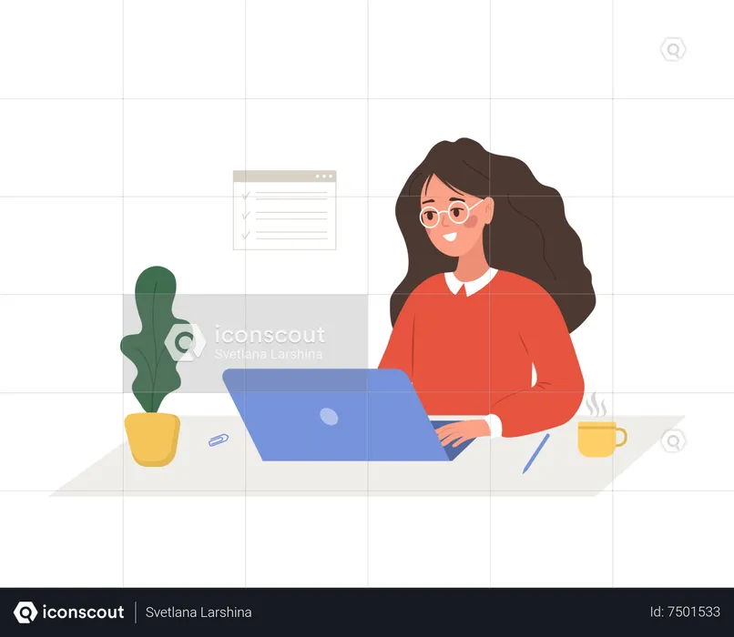 Femme réussie assise à table avec un ordinateur portable et résout les problèmes de travail  Illustration