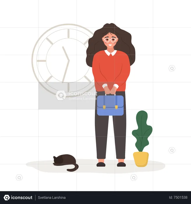 Femme réussie debout avec une mallette dans les mains  Illustration