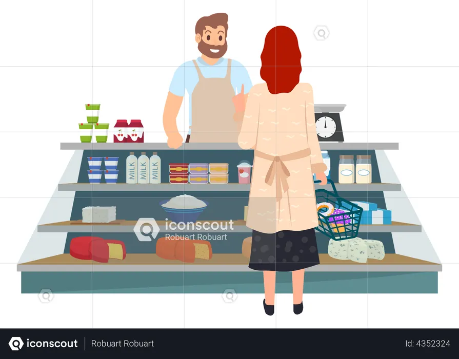 Femme achetant des produits laitiers frais  Illustration