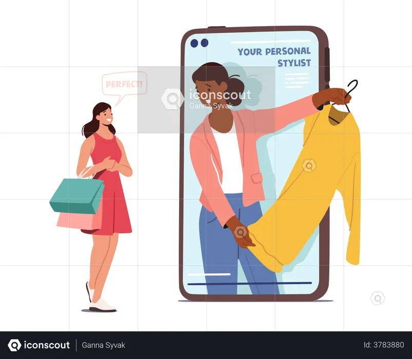 Femme achetant des vêtements auprès d'un styliste personnel à l'aide d'une application pour smartphone  Illustration