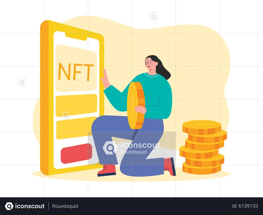 Femme achetant du NFT via un échange mobile  Illustration
