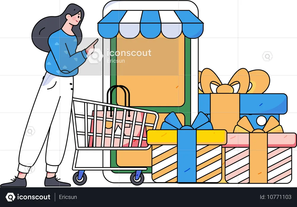 Une femme achète des vêtements grâce à une application de shopping  Illustration