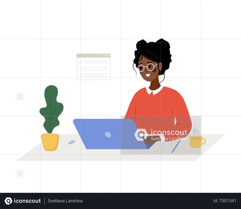 Femme africaine réussie assise à table avec un ordinateur portable et résout les problèmes de travail  Illustration