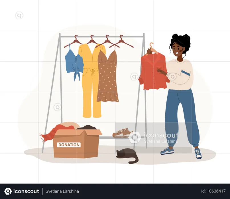 Une femme africaine met de vieux vêtements prêts à être partagés ou recyclés de l'armoire à la boîte en carton  Illustration