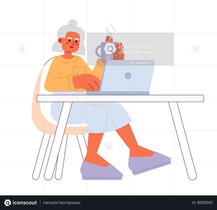 Femme âgée à la retraite tapant un ordinateur portable  Illustration