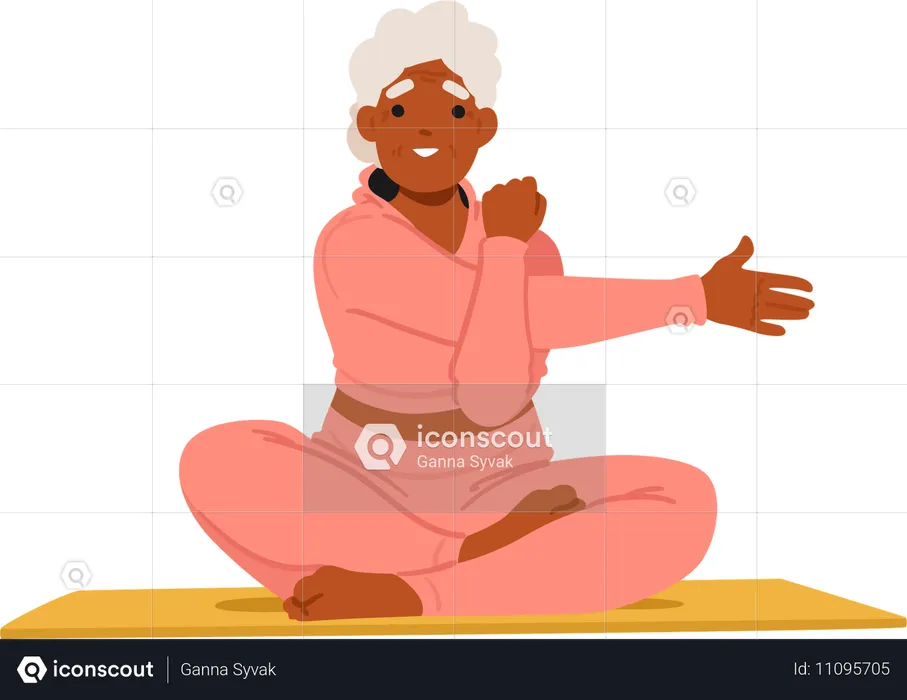 Femme âgée assise sur un tapis de yoga, les bras tendus  Illustration