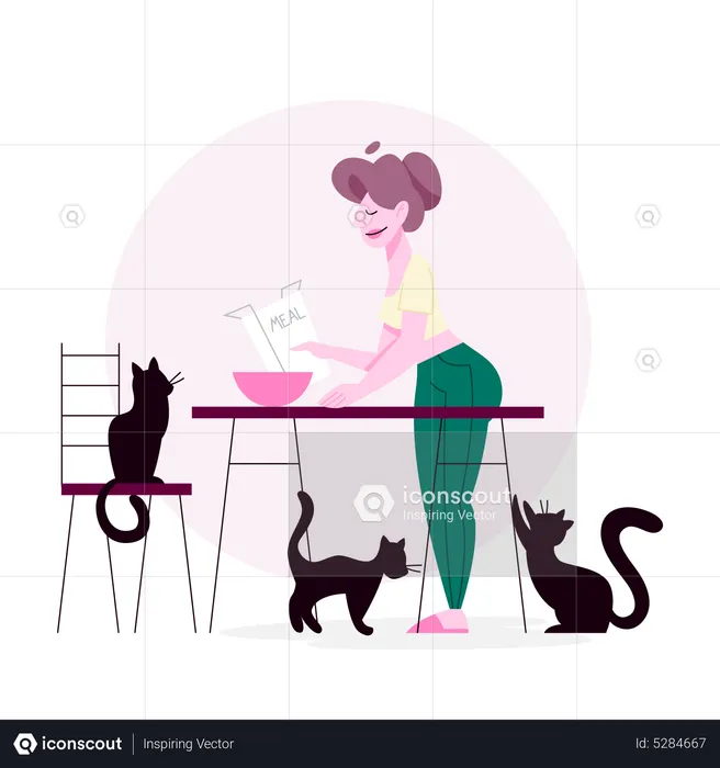 Femme nourrissant de la nourriture pour chats  Illustration