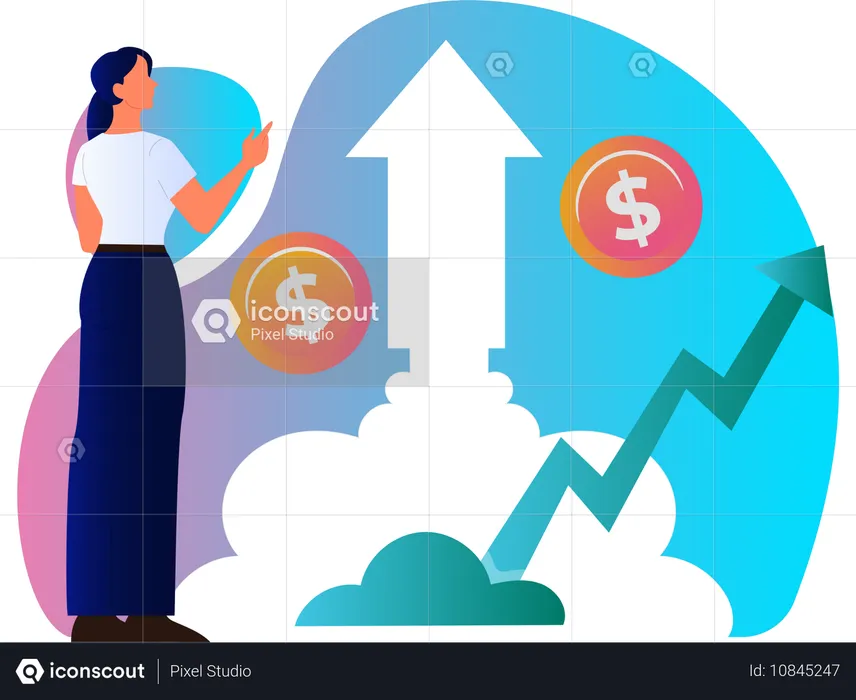 Une femme analyse la croissance de son entreprise  Illustration