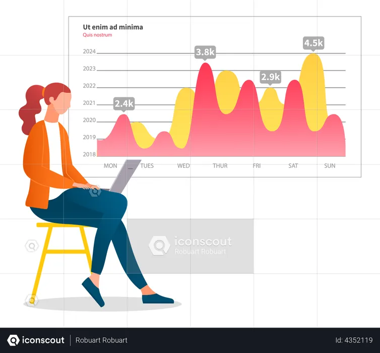 Une femme analyse un rapport numérique  Illustration