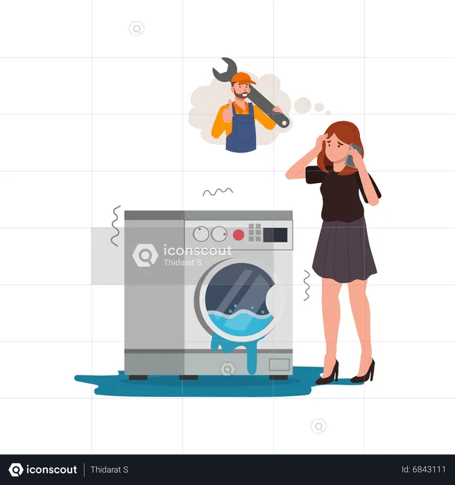 Femme appelant un technicien pour réparer une machine à laver  Illustration