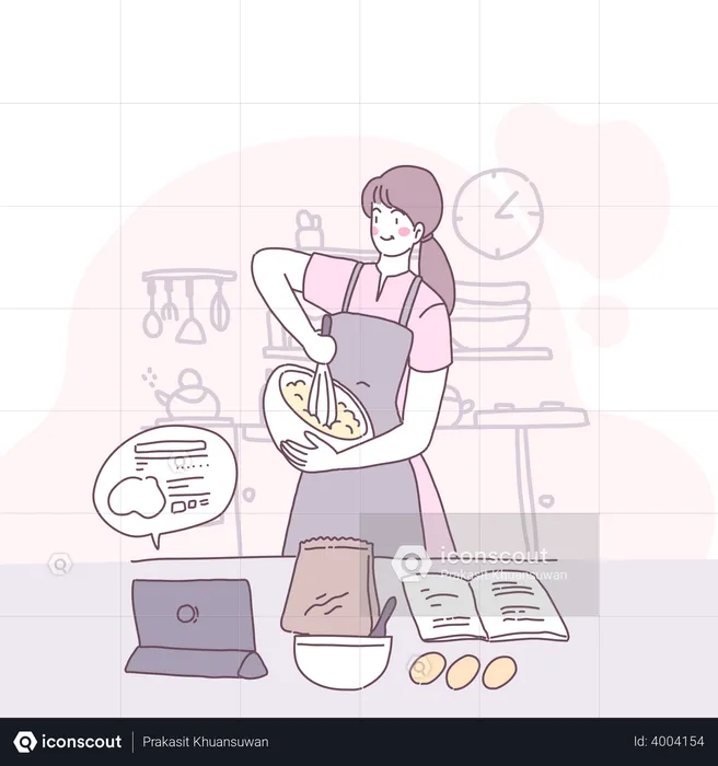 Femme apprenant la cuisine en utilisant un cours en ligne  Illustration