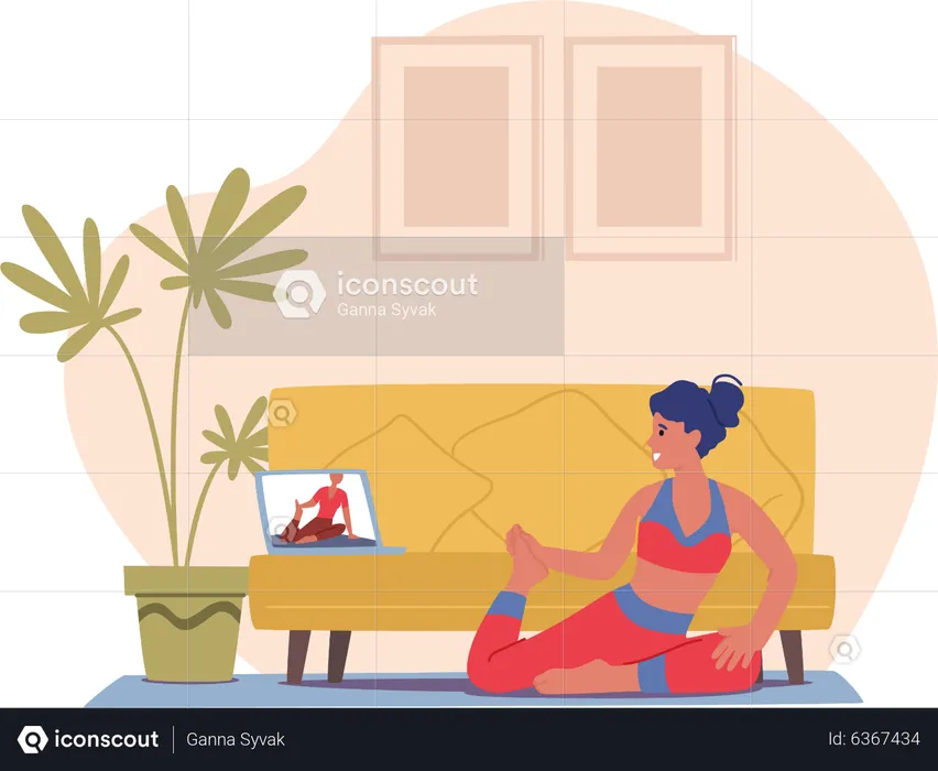 Femme apprenant la pose de yoga en ligne  Illustration