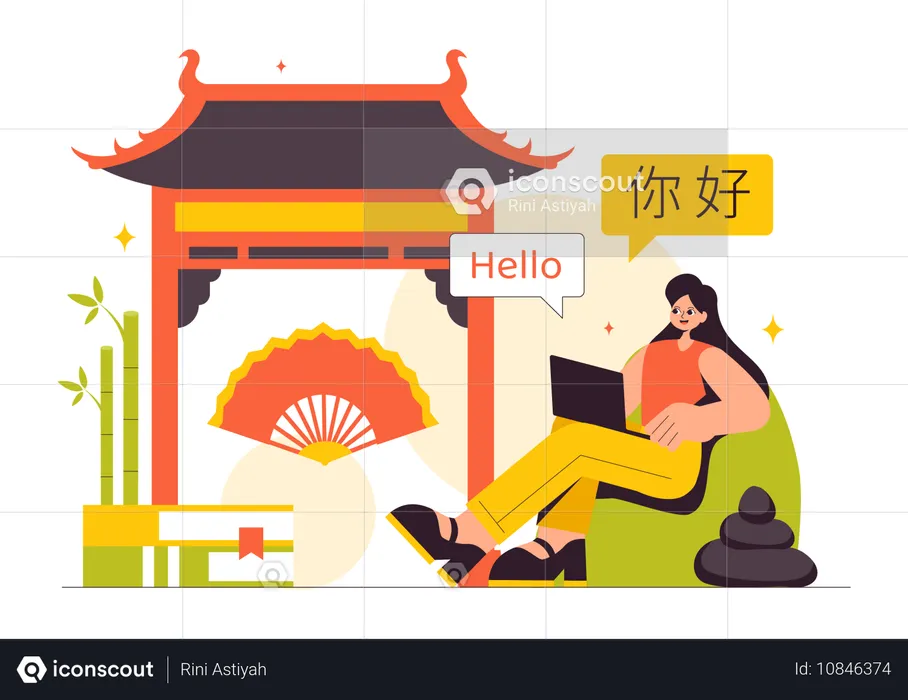 Une femme apprend le chinois sur un ordinateur portable  Illustration