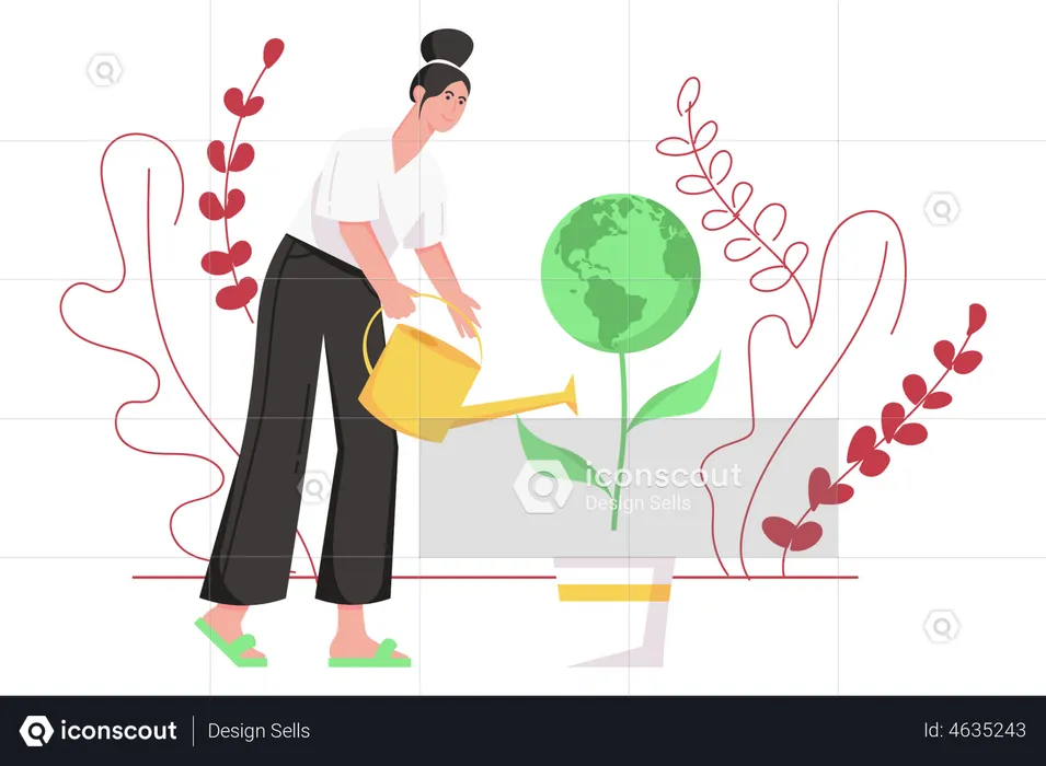 Femme arrosant une plante  Illustration