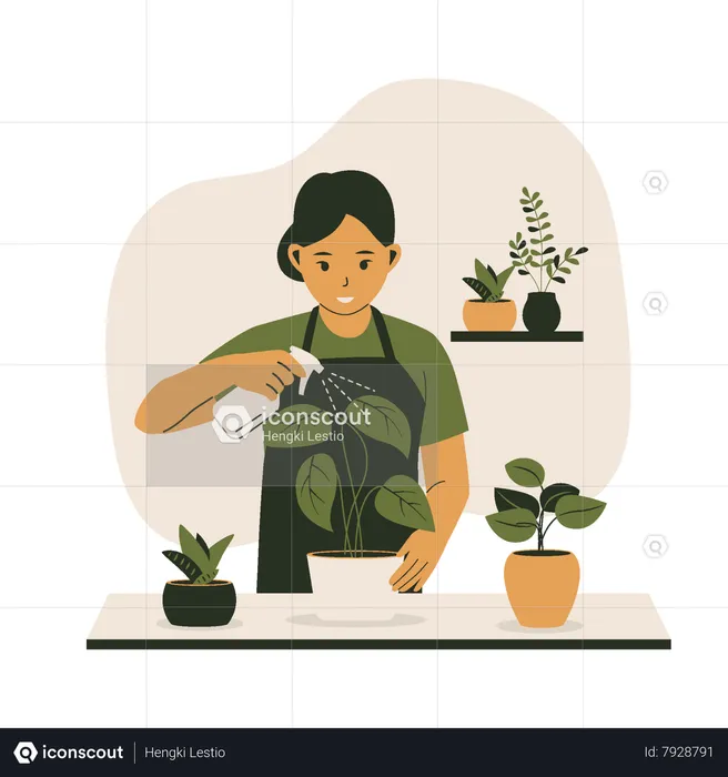 Femme arrosant des plantes en pots  Illustration