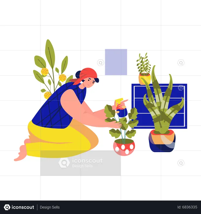 Femme arrosant une plante en pot  Illustration