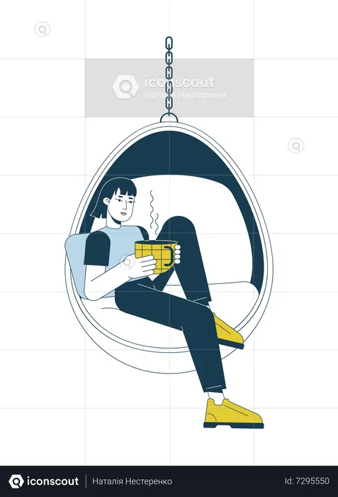 Femme asiatique avec une tasse de café dans un fauteuil suspendu  Illustration