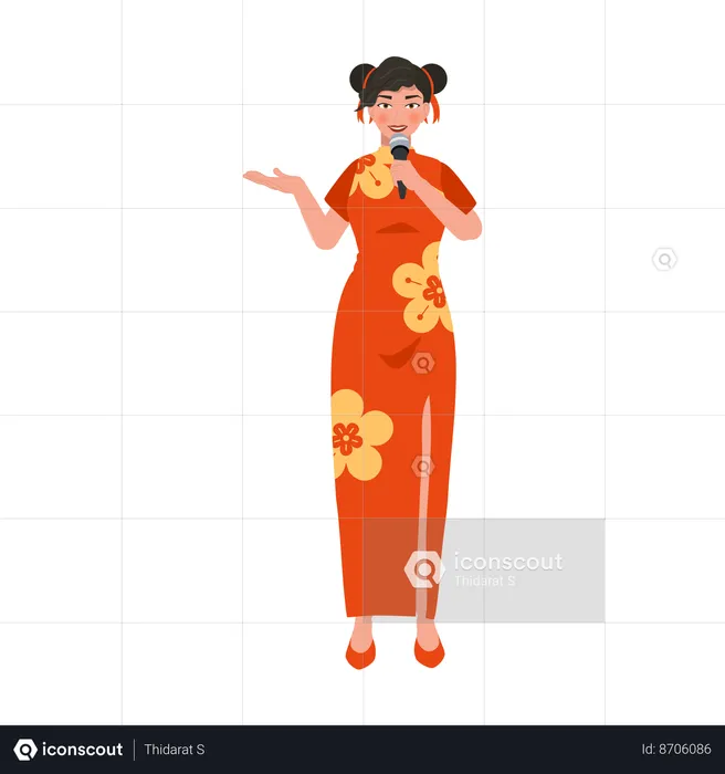 Femme asiatique en robe rouge avec microphone  Illustration