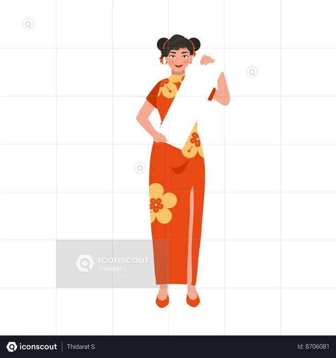 Femme asiatique souriante avec du papier vierge  Illustration