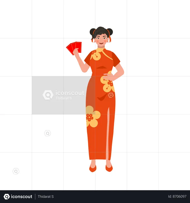 Femme asiatique tenant une enveloppe rouge  Illustration