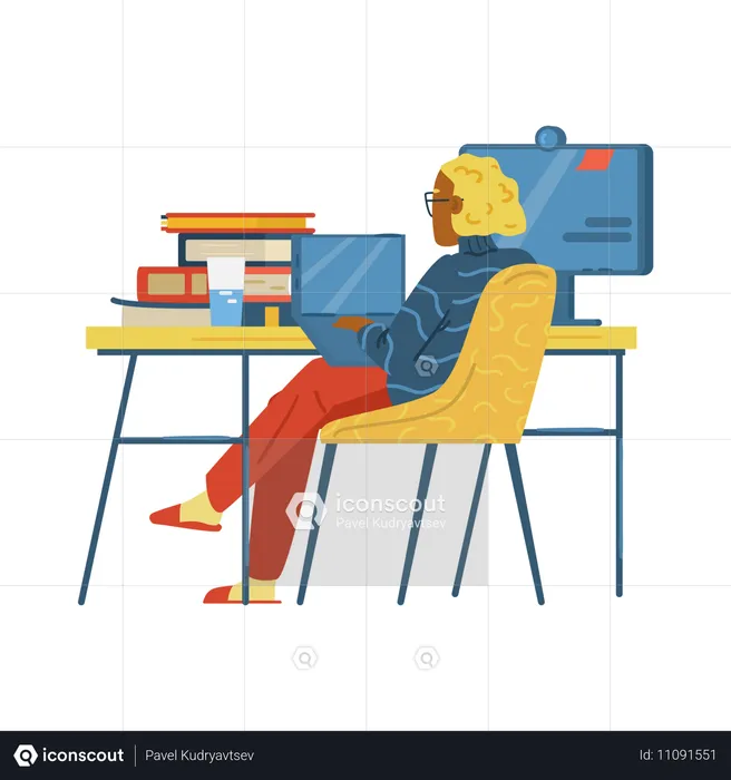 Une femme est assise à un bureau avec un ordinateur et un ordinateur portable  Illustration