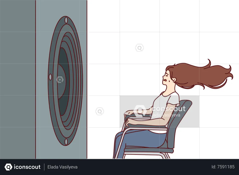 Femme assise devant le caisson de basses  Illustration
