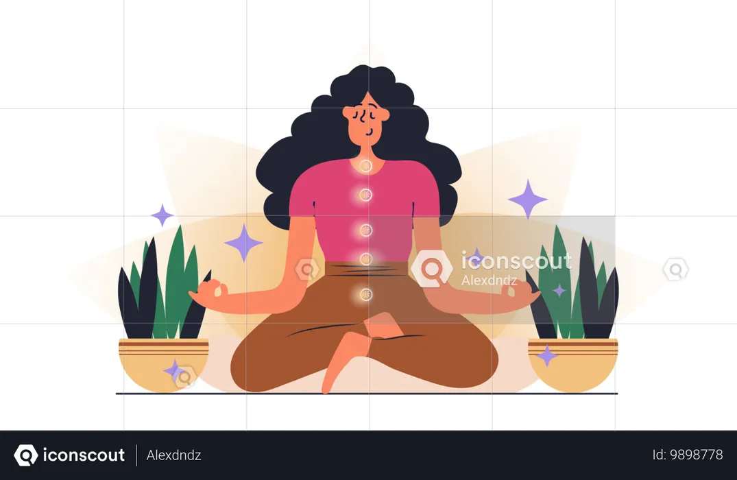 Femme assise en méditation et ouvre des points d'énergie dans son corps  Illustration