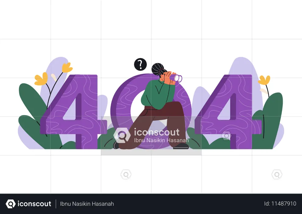 Femme assise cherchant quelque chose avec des jumelles à travers le numéro 404  Illustration