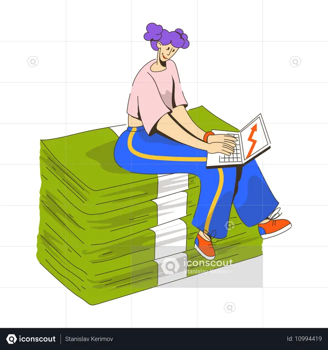 Femme assise sur des liasses de billets avec un ordinateur portable  Illustration