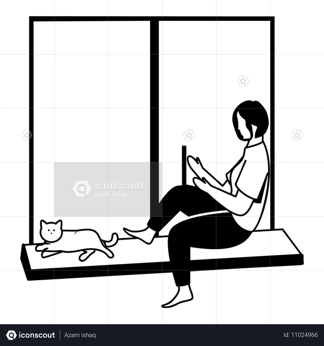 Femme assise à la fenêtre et travaillant sur un ordinateur portable  Illustration