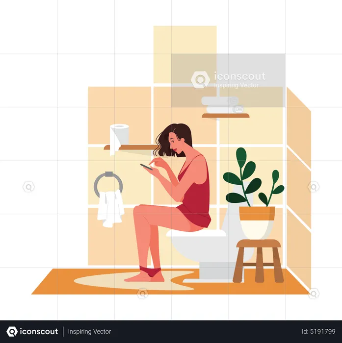 Femme assise sur les toilettes et utilisant le téléphone  Illustration