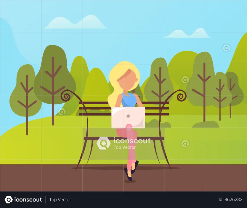 Femme assise sur un banc dans un parc à l'aide d'un ordinateur portable  Illustration