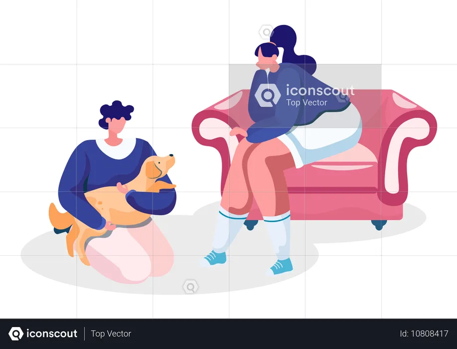 Femme assise sur un canapé confortable jouant avec un chat  Illustration