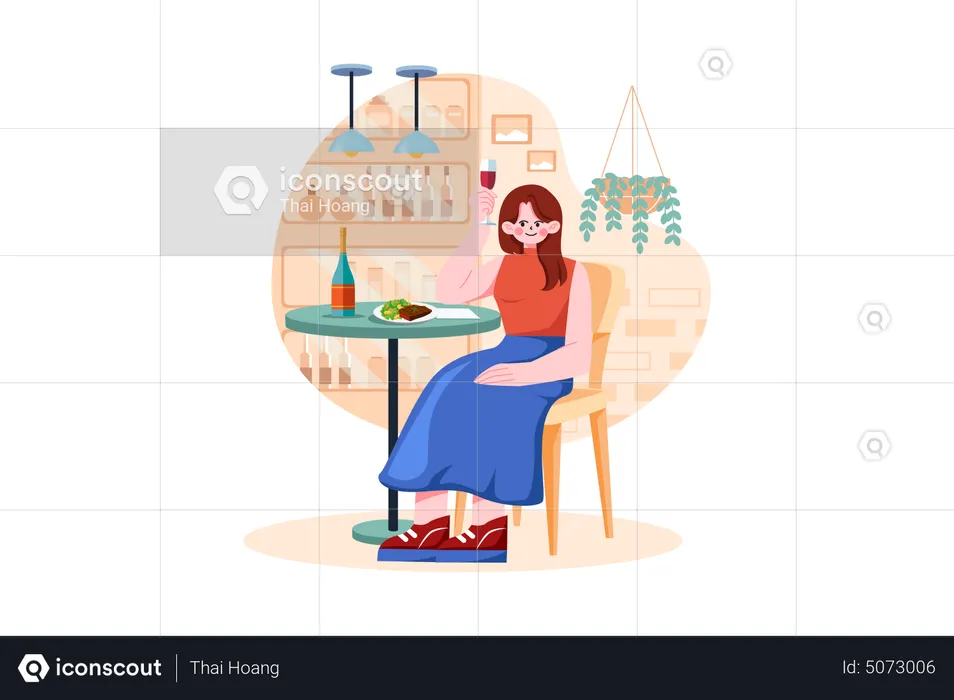 Femme assise sur un fauteuil tenant un verre à vin à la main  Illustration