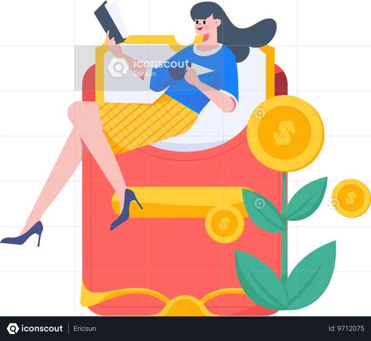 Femme assise sur une enveloppe rouge  Illustration