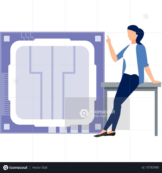 Femme assise sur une table pointant la puce du processeur  Illustration