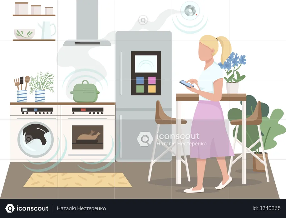Femme au foyer moderne contrôlant l'alarme incendie  Illustration