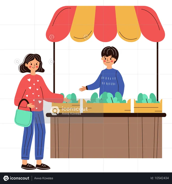 Une femme achète des légumes au marché  Illustration