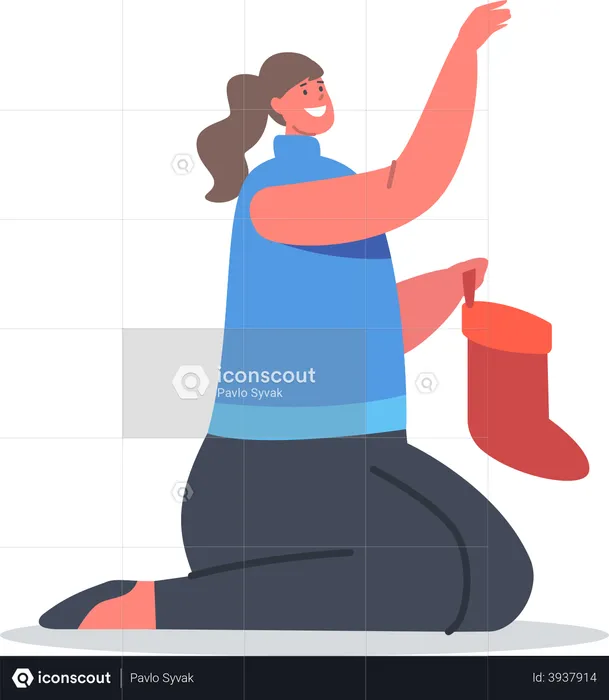 Femme avec chaussette de Noël pour cadeaux  Illustration